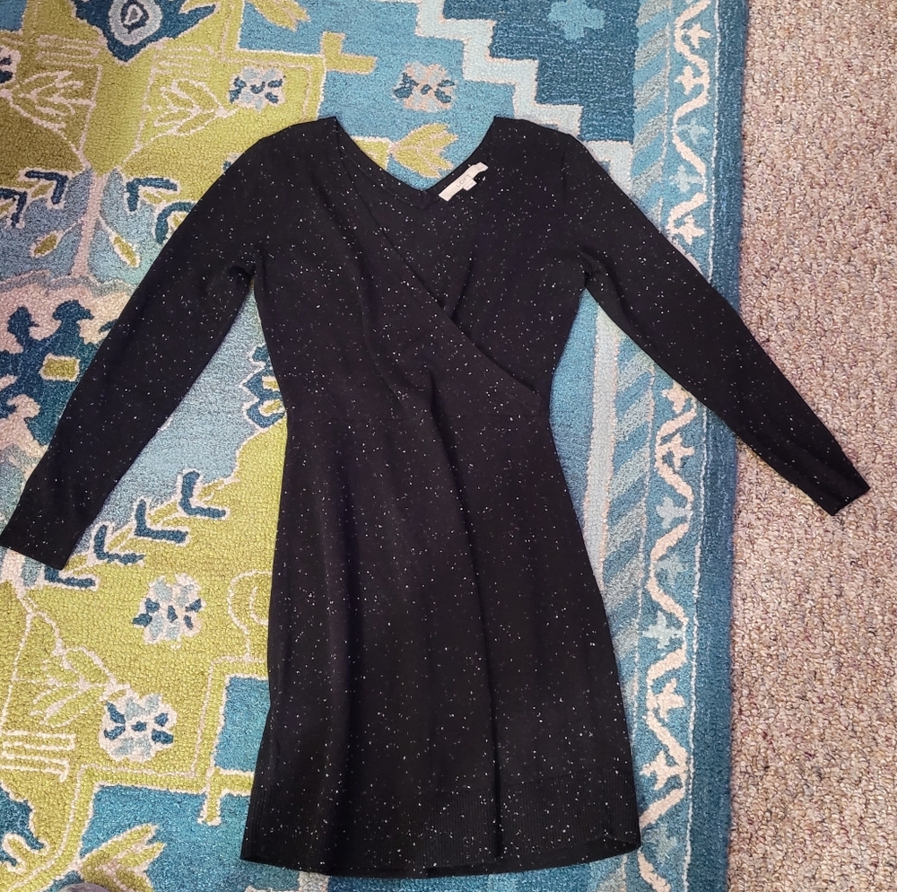 LOFT Black Long Sleeve Dress With White Flecks/polka Dots
